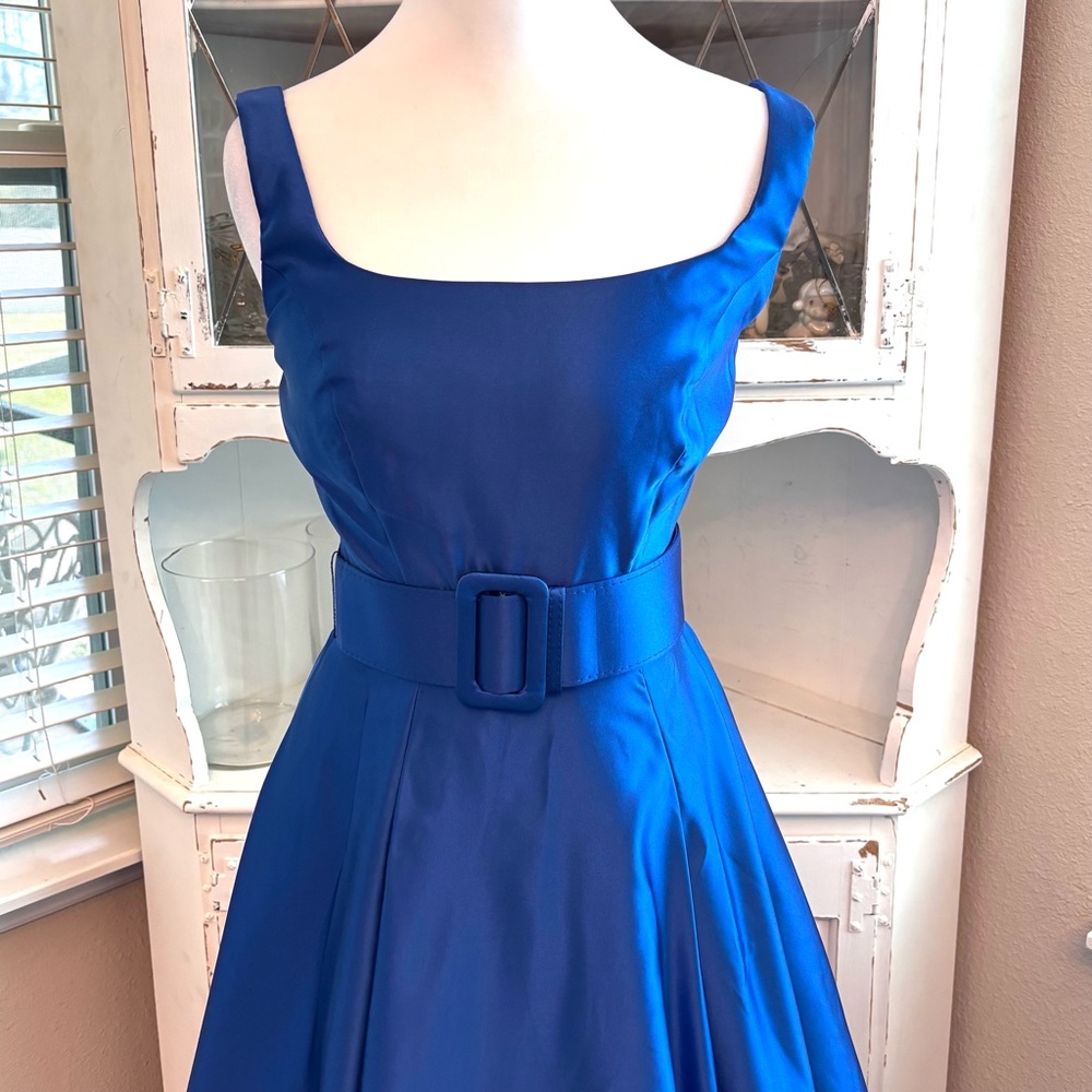 NEW, Royal Blue Dress, Blue Satin Dress, Prom, Dress with Belt NWOT, Size XS/0-2 - Picture 2 of 14